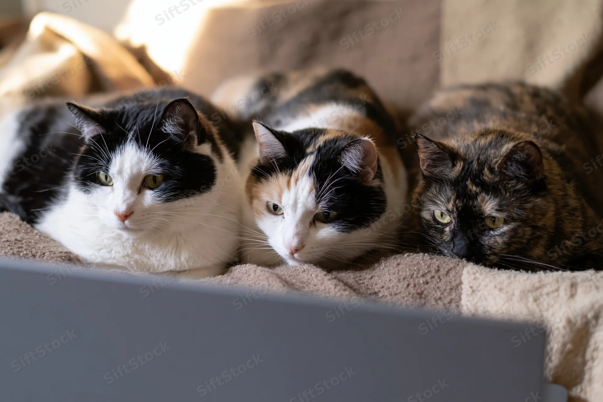Three cats lying side by side on a couch blanket facing a laptop screen