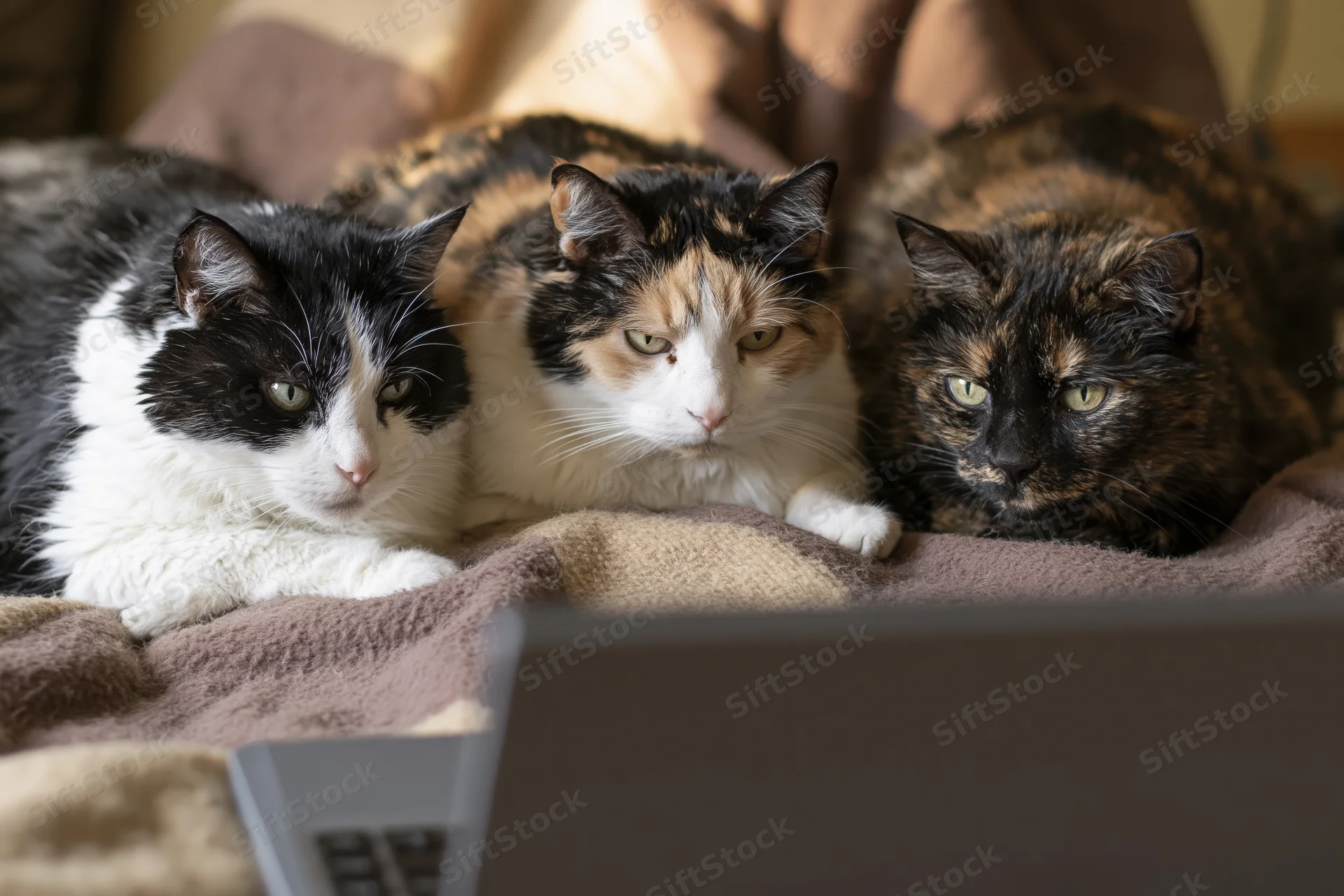Three cats lying side by side on a blanket facing a laptop screen