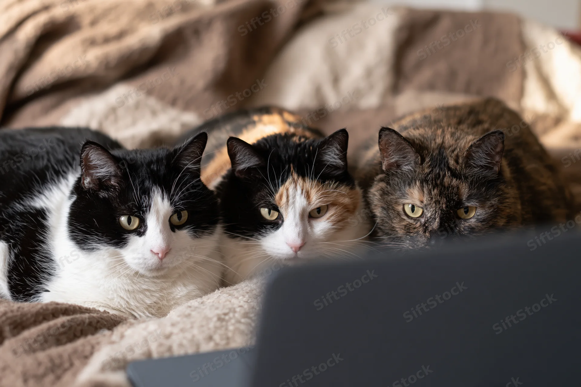 Three cats lying side by side on a blanket facing a laptop screen