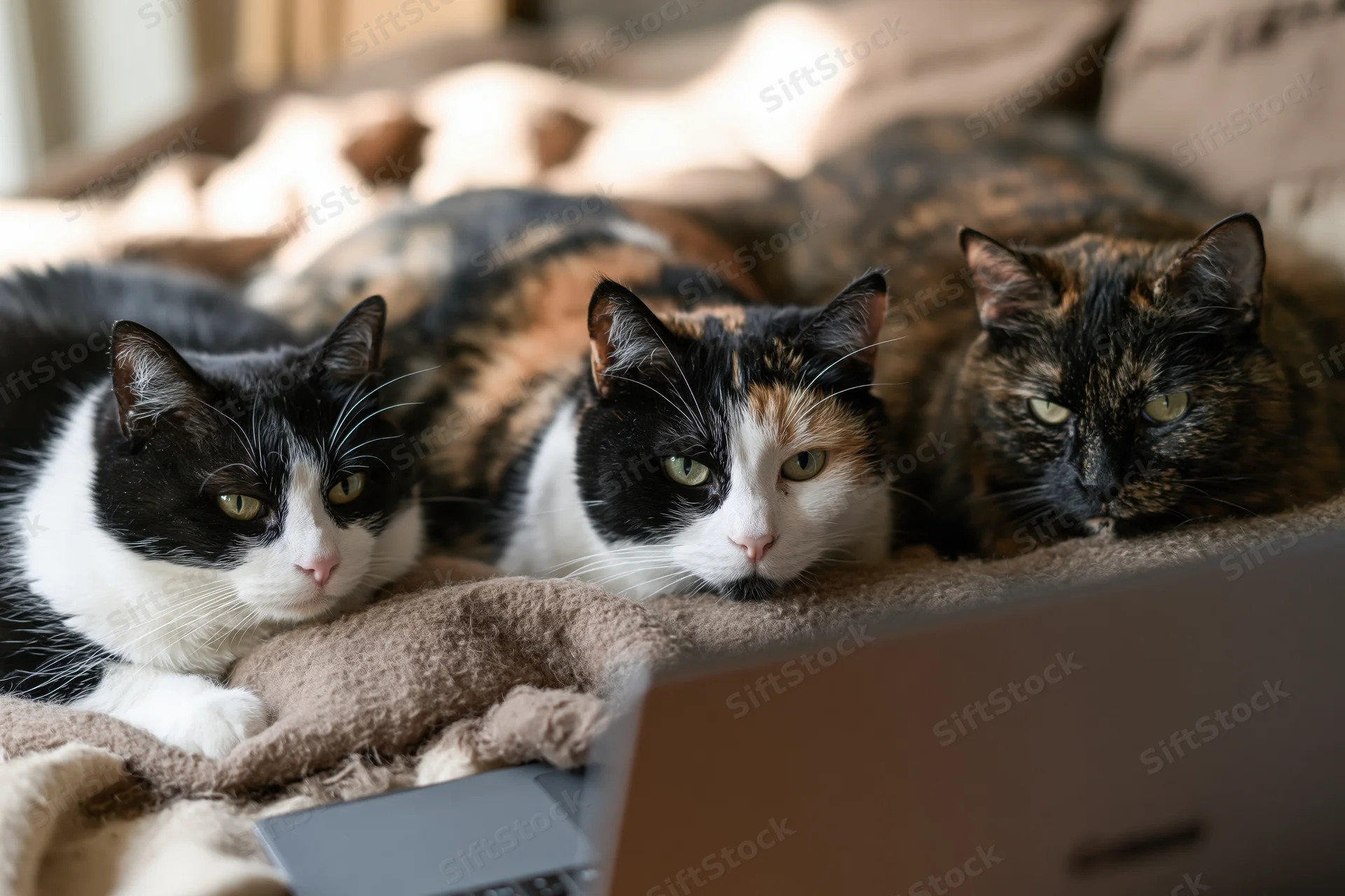 Three cats lying side by side on a couch blanket facing a laptop screen
