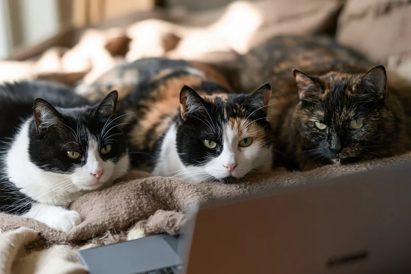 Three cats lying side by side on a couch blanket facing a laptop screen