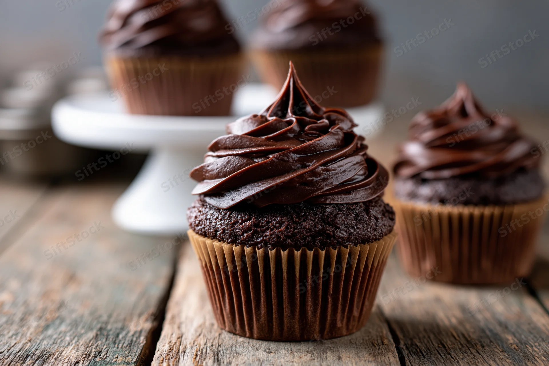 Chocolate cupcakes with chocolate frosting in brown paper liners on a rustic wooden table