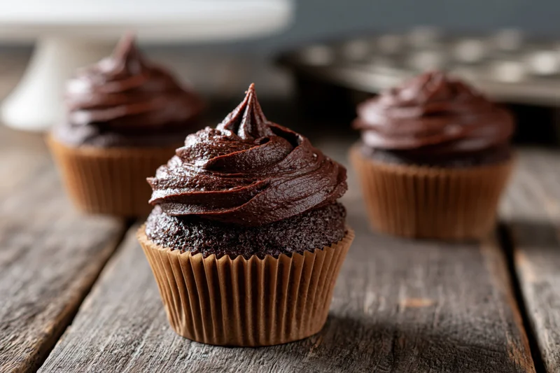 Three chocolate cupcakes with piped chocolate frosting in brown paper liners on a rustic wooden table
