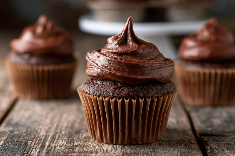 Three chocolate cupcakes with chocolate frosting in brown paper liners arranged on a wooden table