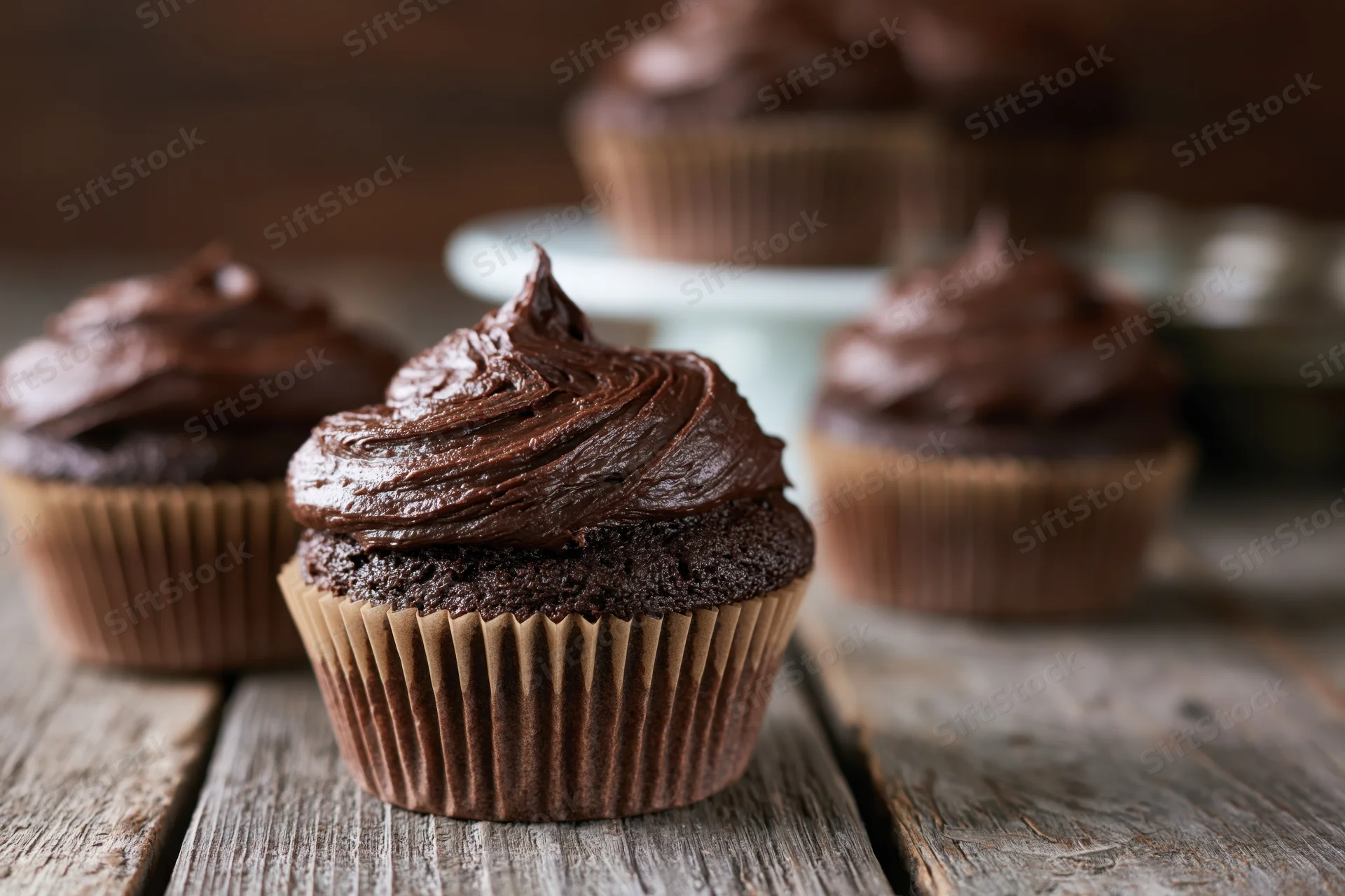 Chocolate cupcakes with chocolate frosting in brown paper liners on a rustic wooden table