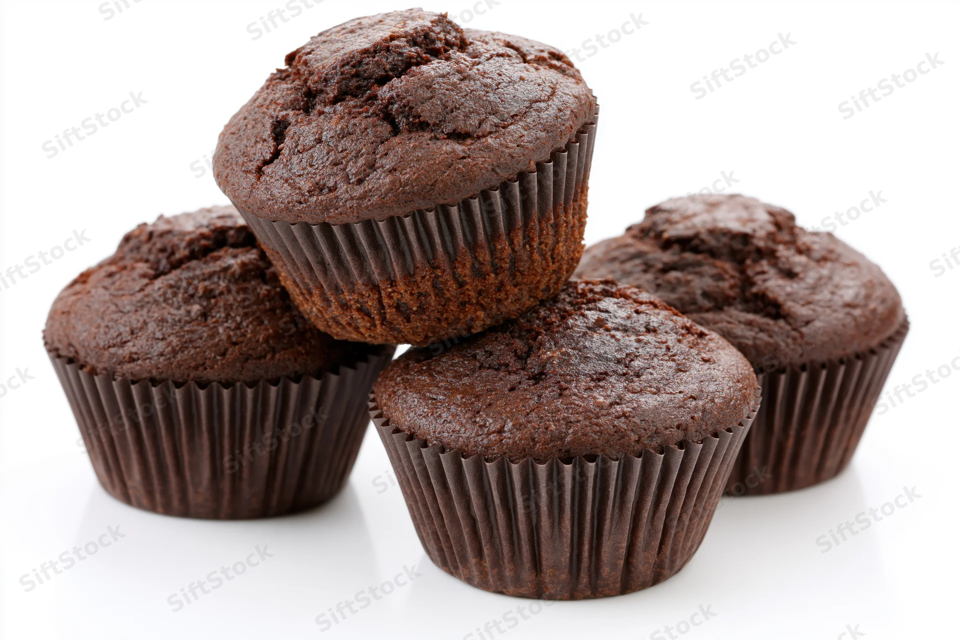 Chocolate muffins arranged in a loose stack against a plain white background