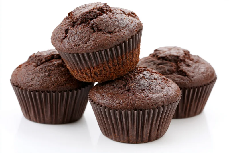 Chocolate muffins arranged in a loose stack against a plain white background