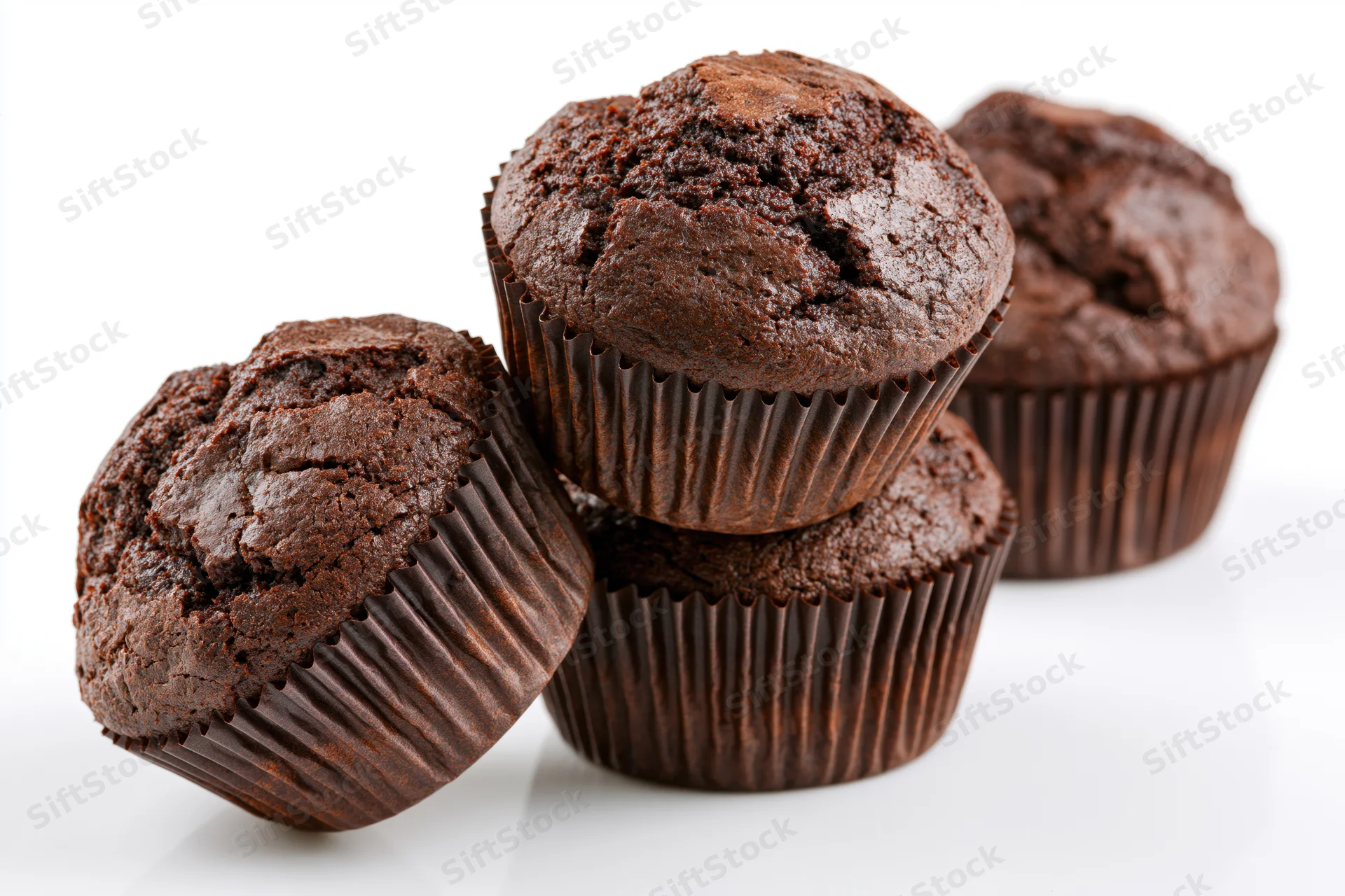 Chocolate muffins stacked and leaning on white background
