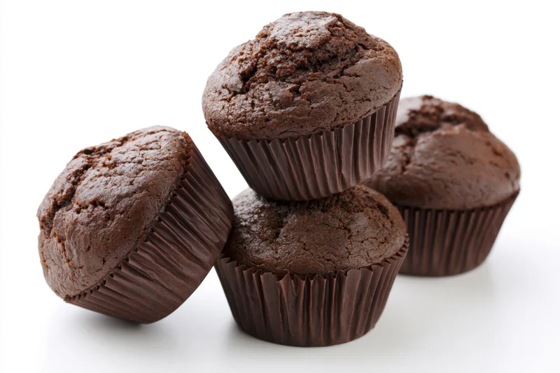 Chocolate muffins arranged in a loose stack on a white surface