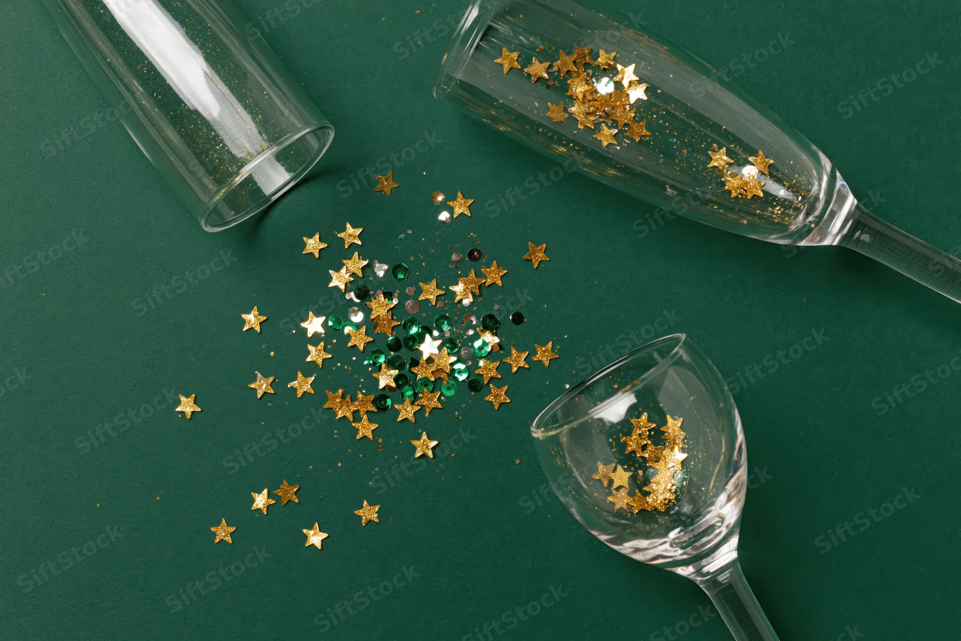 Three empty champagne flutes arranged on a flat deep green background with scattered gold star glitter and confetti