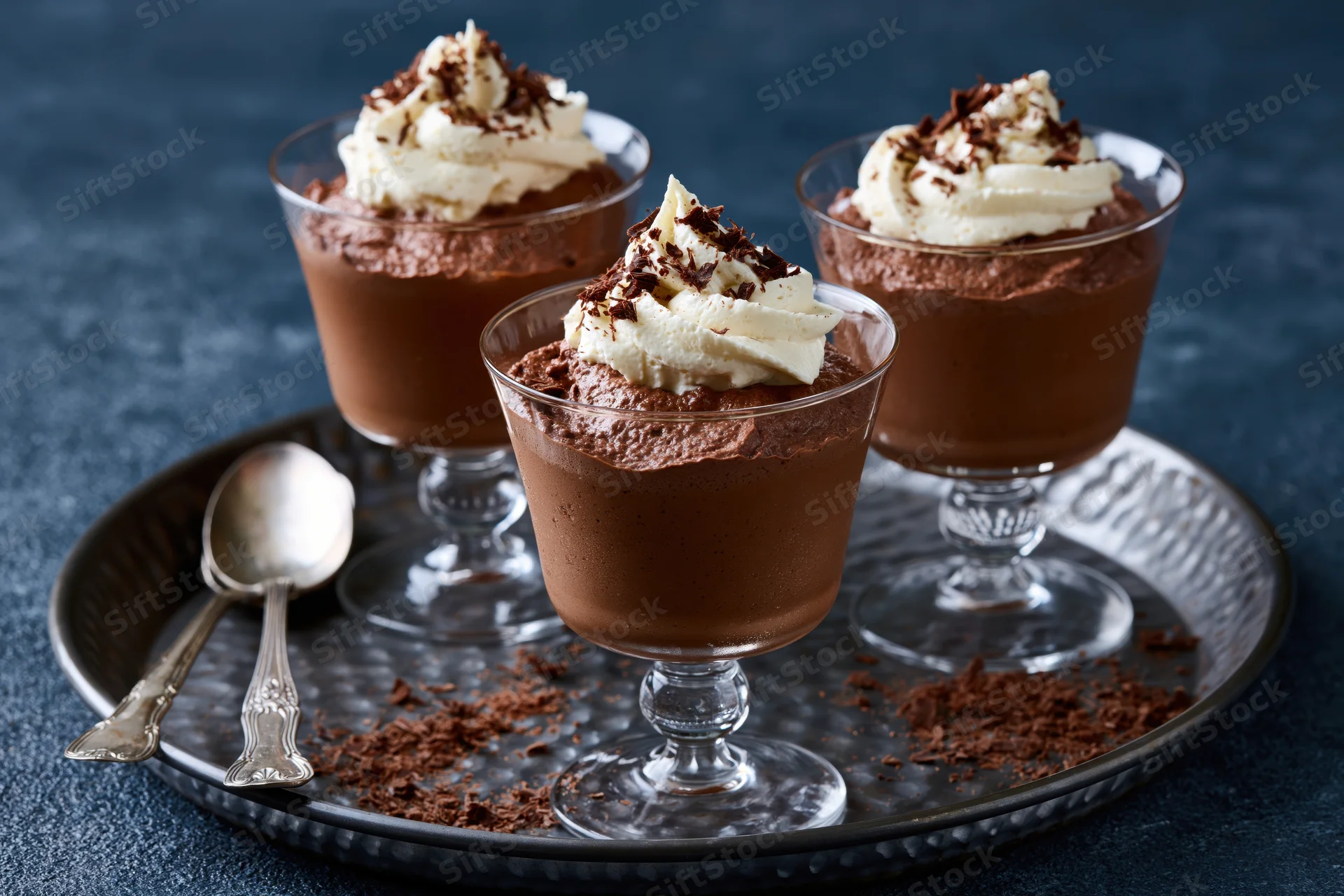 Three chocolate mousse desserts in stemmed glasses topped with whipped cream and chocolate shavings on a dark tray with spoons