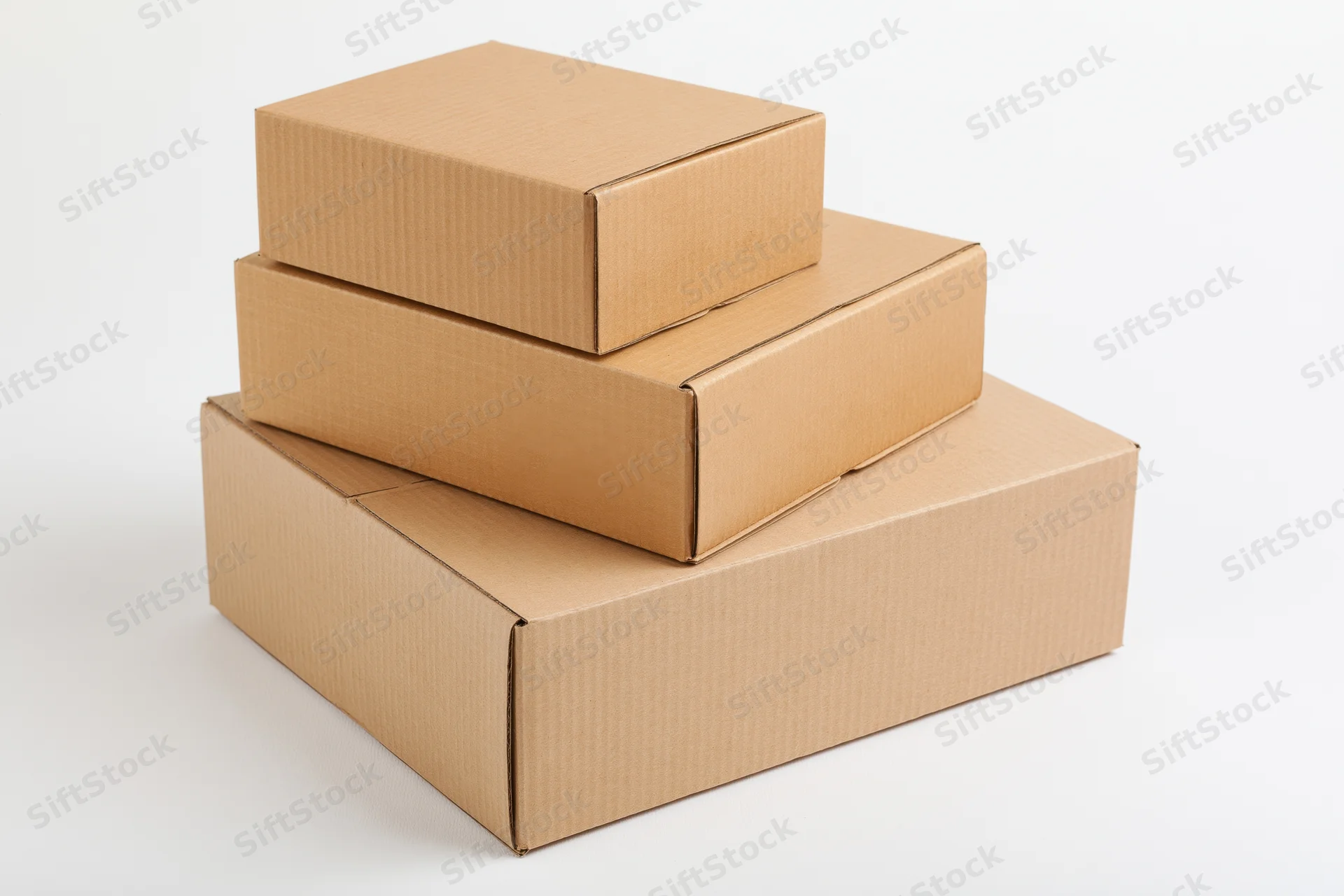 Three plain brown cardboard shipping boxes stacked in descending size on a white background