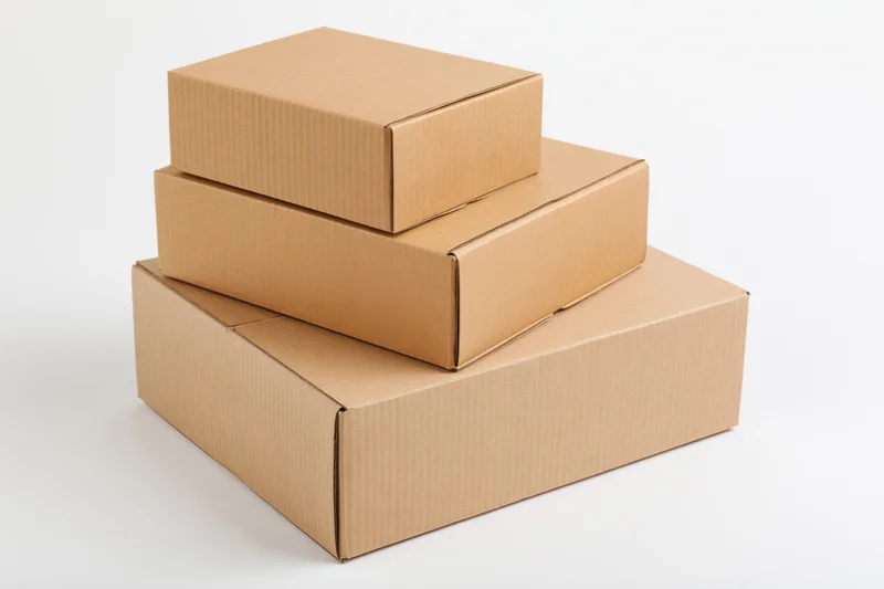 Three plain brown cardboard shipping boxes stacked in descending size on a white background
