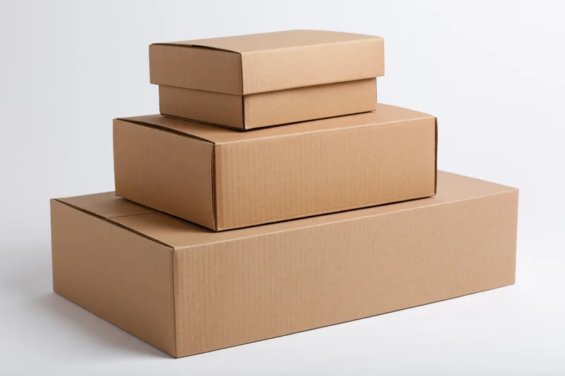Three plain brown cardboard shipping boxes stacked in descending size on a white background