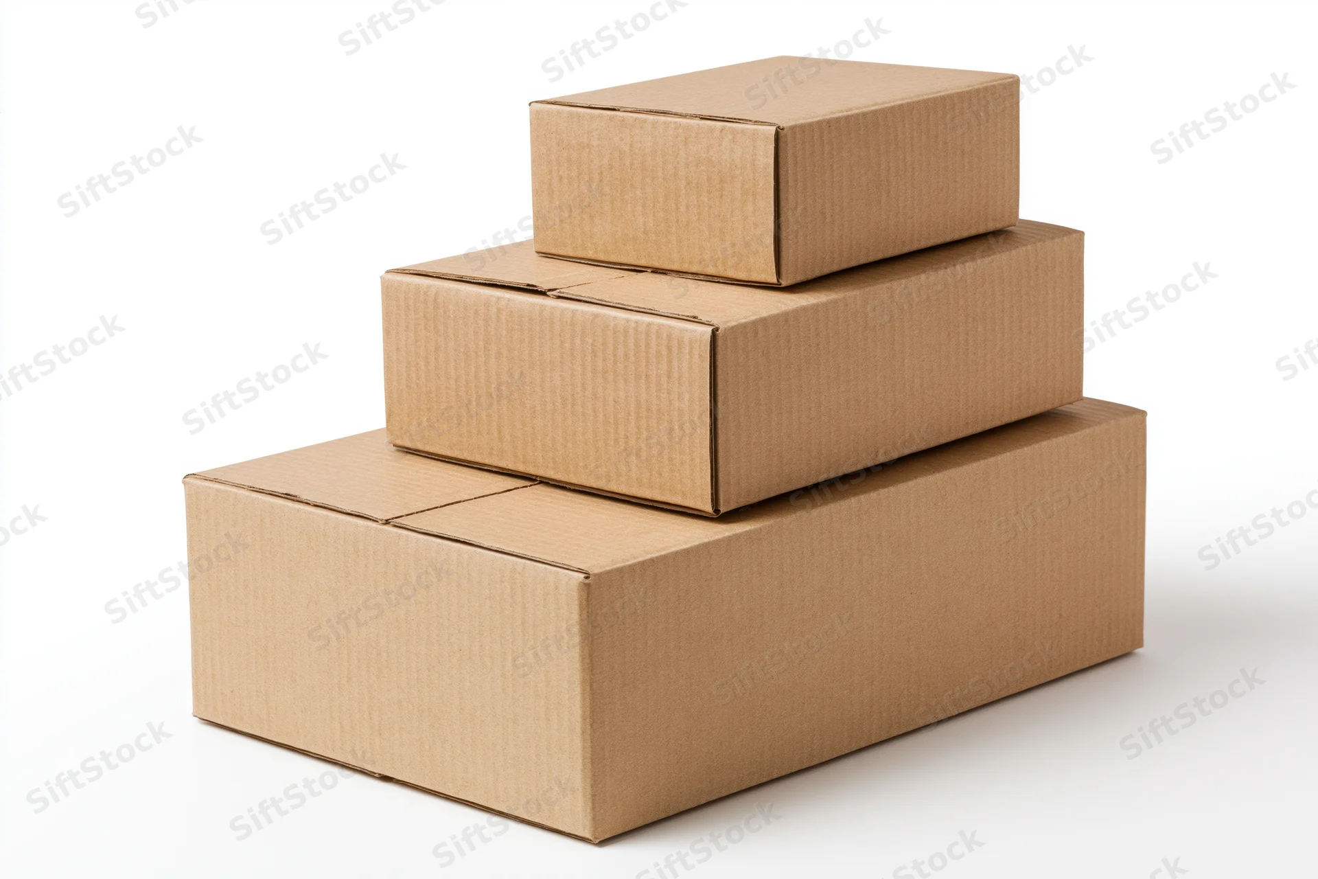 Three plain brown cardboard shipping boxes stacked in descending size order on a white background