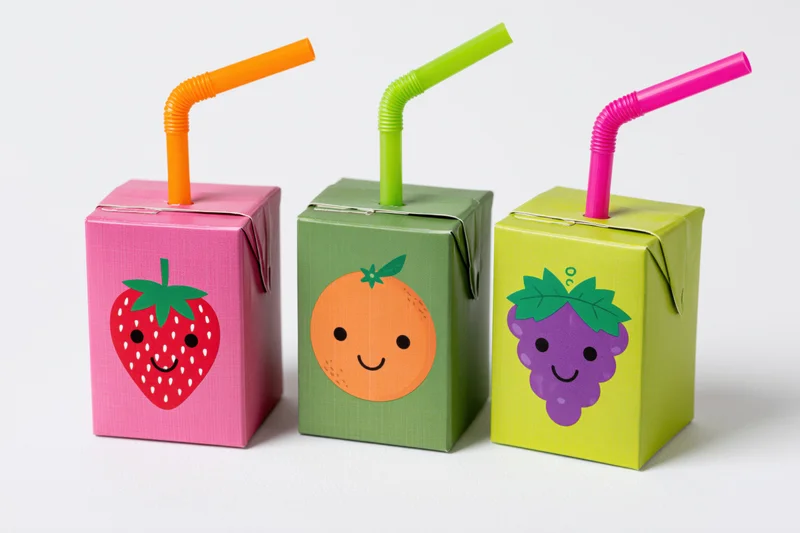 Three colorful juice cartons with fruit characters and straws on white background