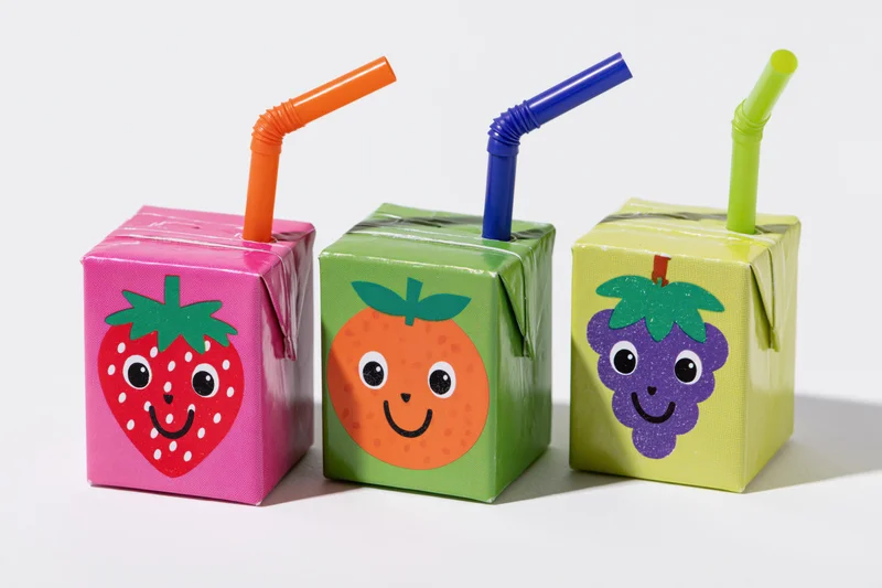 Three colorful juice cartons with fruit faces and bendy straws arranged side by side on a white background