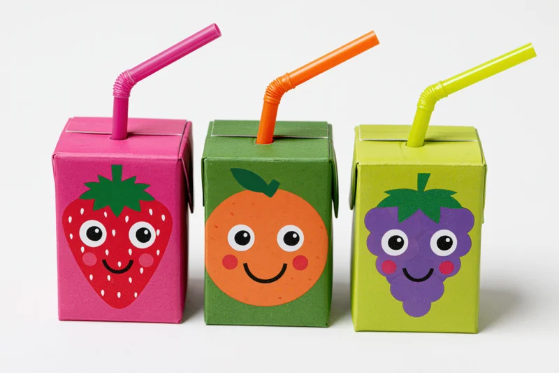 Three colorful juice cartons with fruit faces and straws arranged side by side on a white background