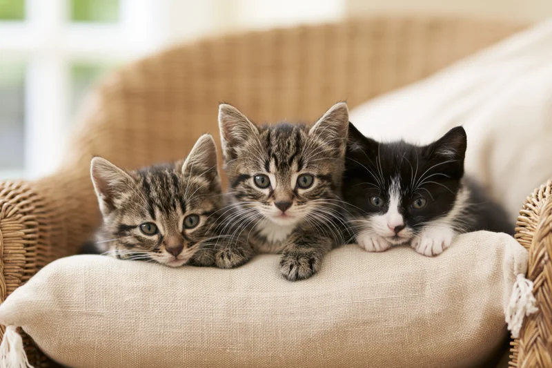Three kittens resting together on a beige cushioned wicker chair