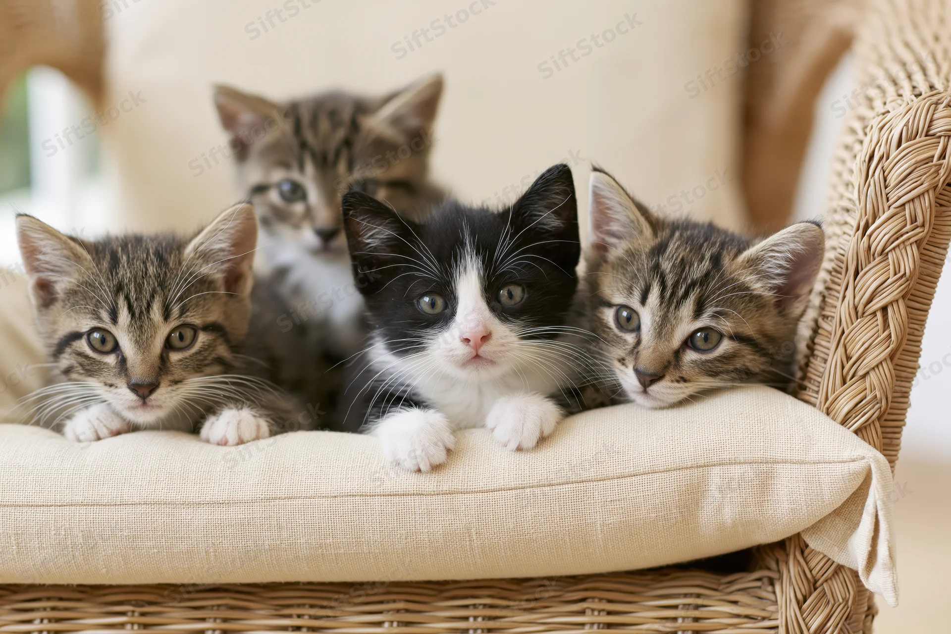 Four kittens resting together on a beige cushioned wicker chair