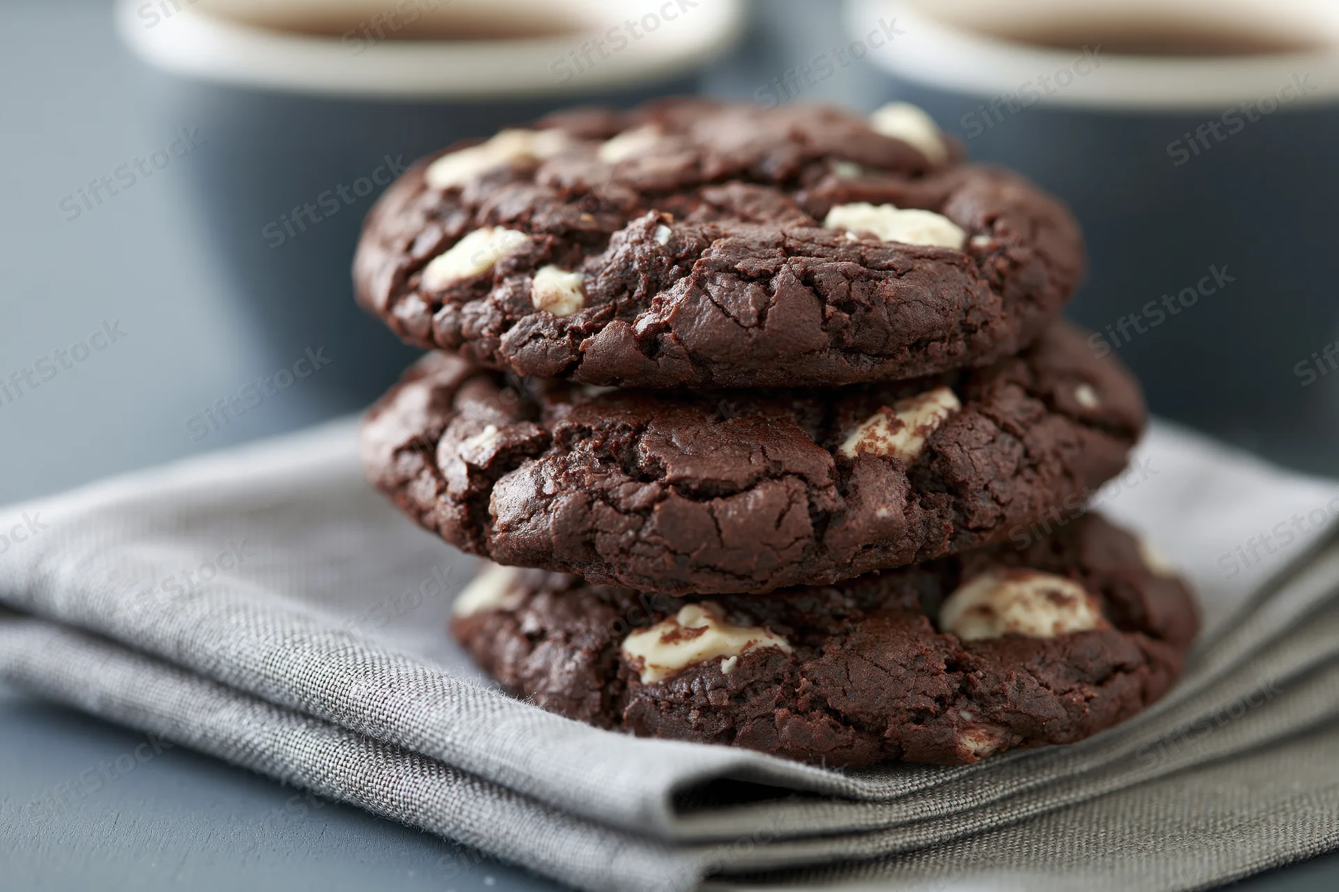 Three stacked dark chocolate cookies with white chocolate chunks on a gray cloth napkin on a table