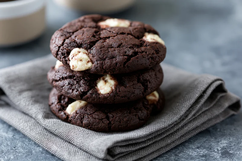 Three stacked dark chocolate cookies with white chocolate chunks on a gray cloth napkin