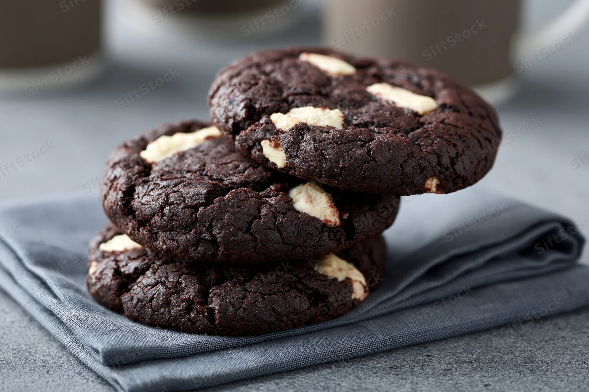 Three stacked dark chocolate cookies with white chocolate chunks on a gray cloth napkin