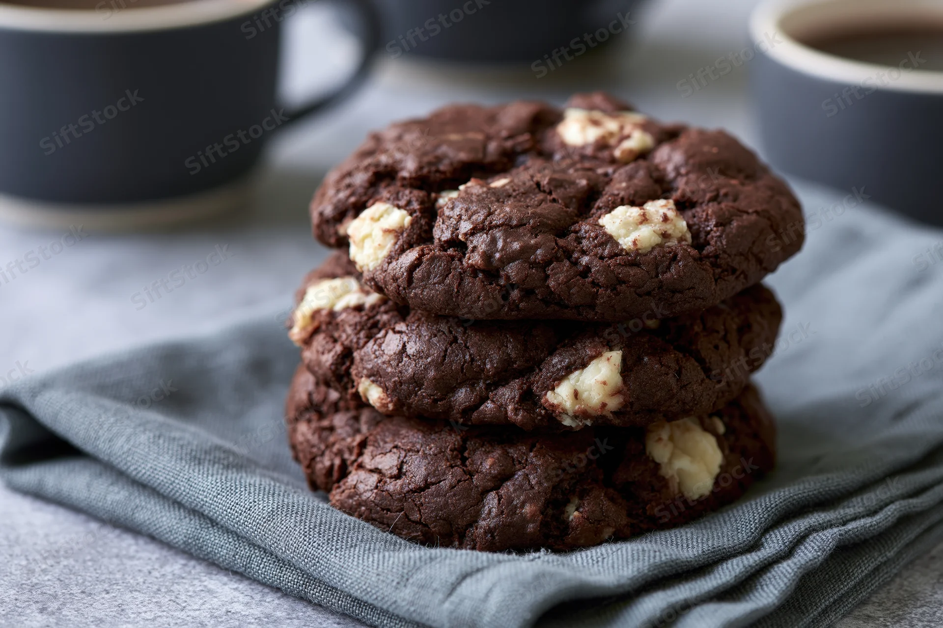Three stacked dark chocolate cookies with white chocolate chunks on a gray cloth napkin near coffee mugs
