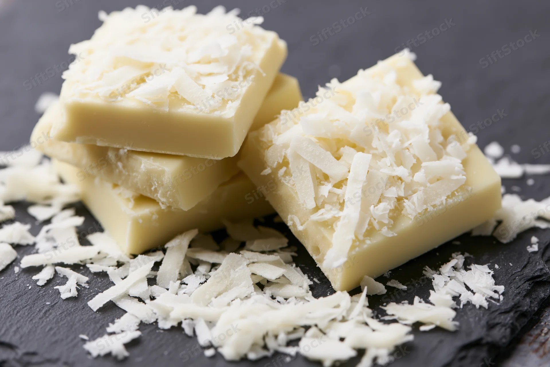 Stacked white chocolate blocks topped with shaved coconut on dark slate surface