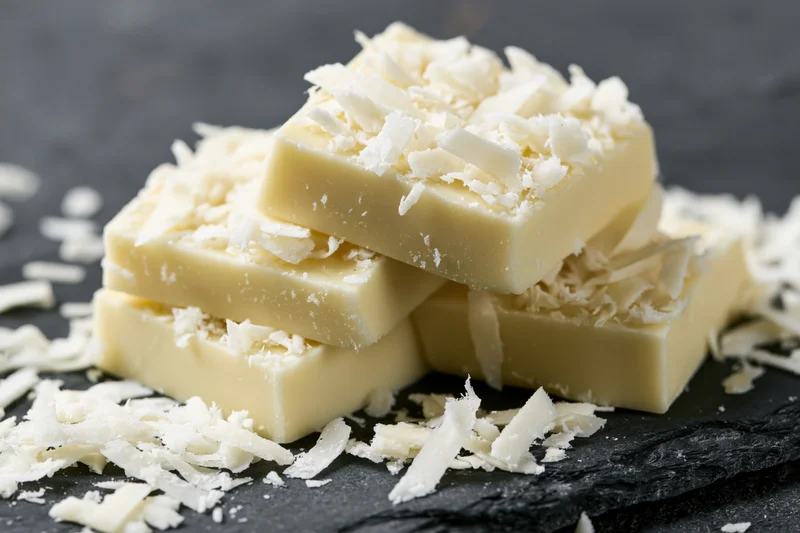 Stacked white chocolate blocks topped with shaved coconut on dark surface