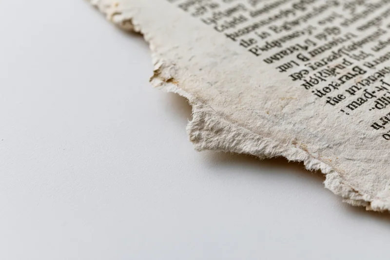 Torn aged newsprint fragment with printed text on white background