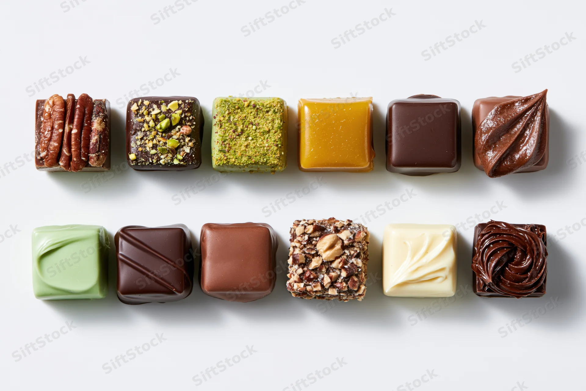 Twelve assorted artisan chocolate confections arranged in two rows on a white surface