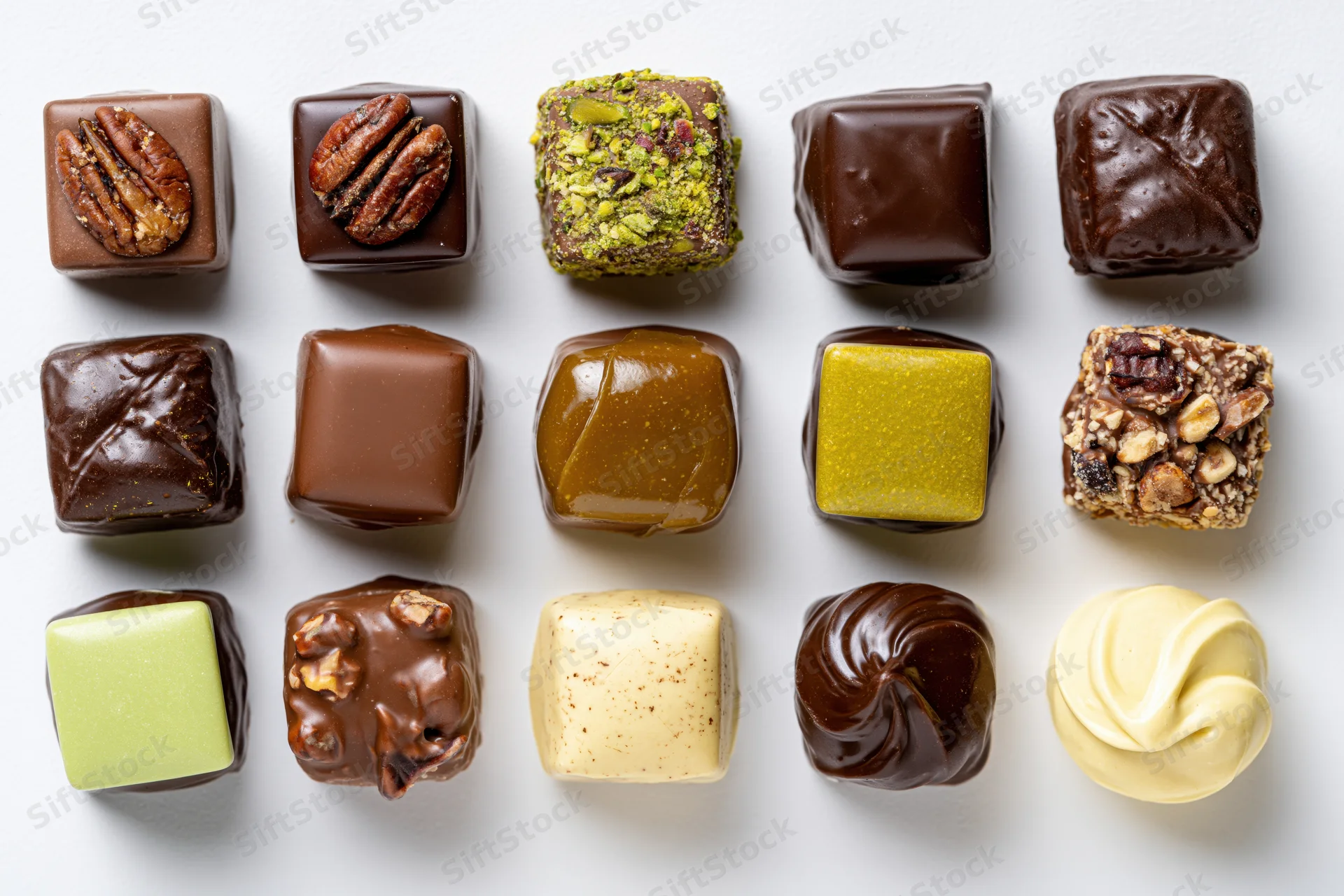 Twelve assorted artisan chocolate confections arranged in a grid on a white surface