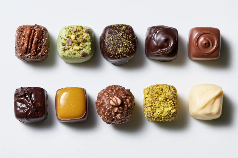 Twelve assorted artisan chocolate confections arranged in two rows on a white surface