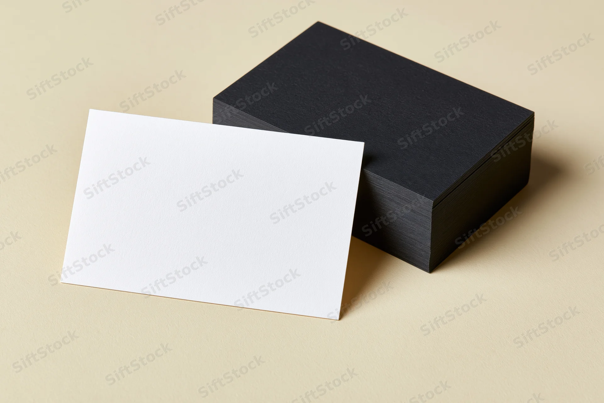 Two blank business cards arranged on a light cream textured surface, one white and one black stack, in a flat lay composition