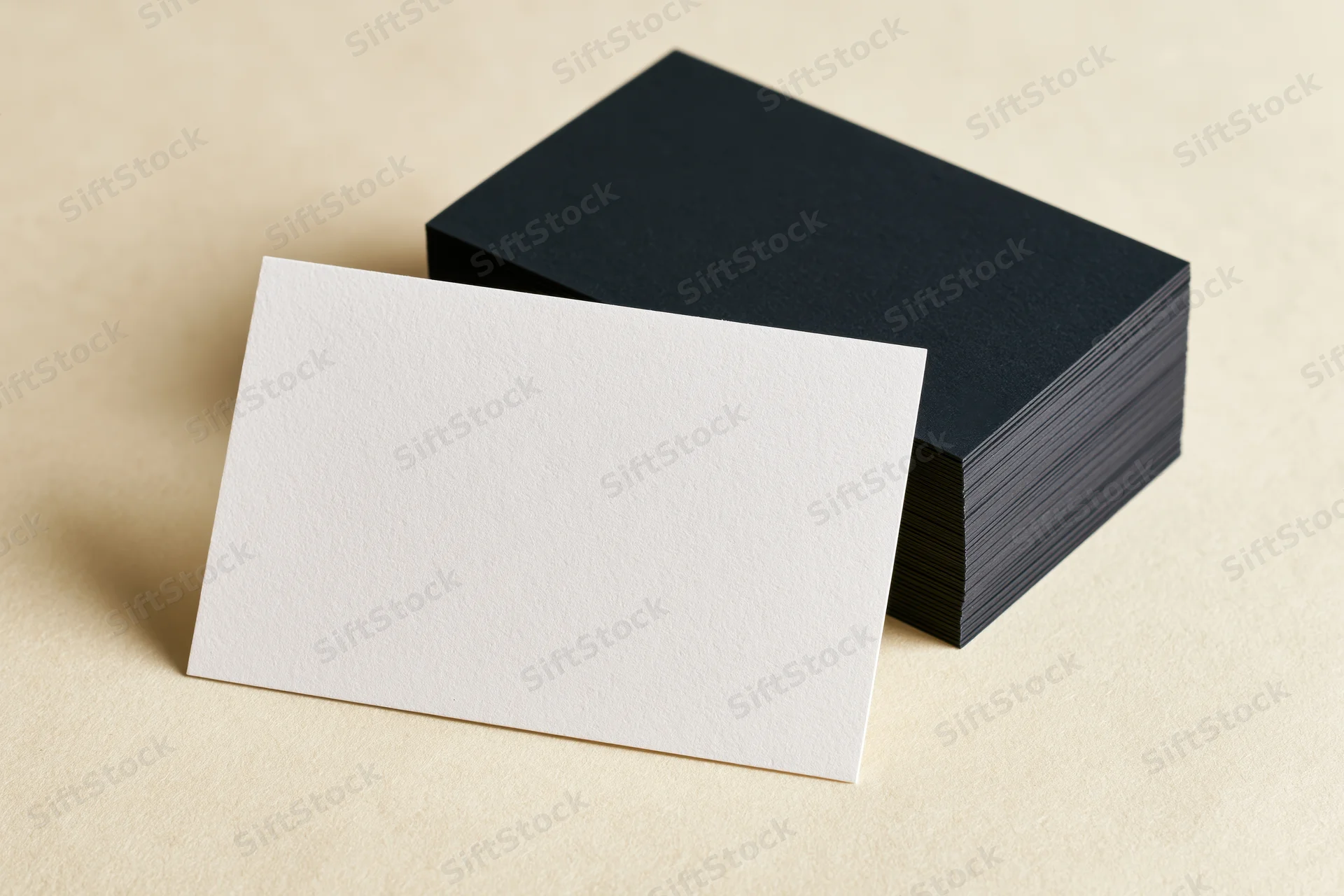 Blank white and black business cards arranged on a cream textured surface with one card leaning forward