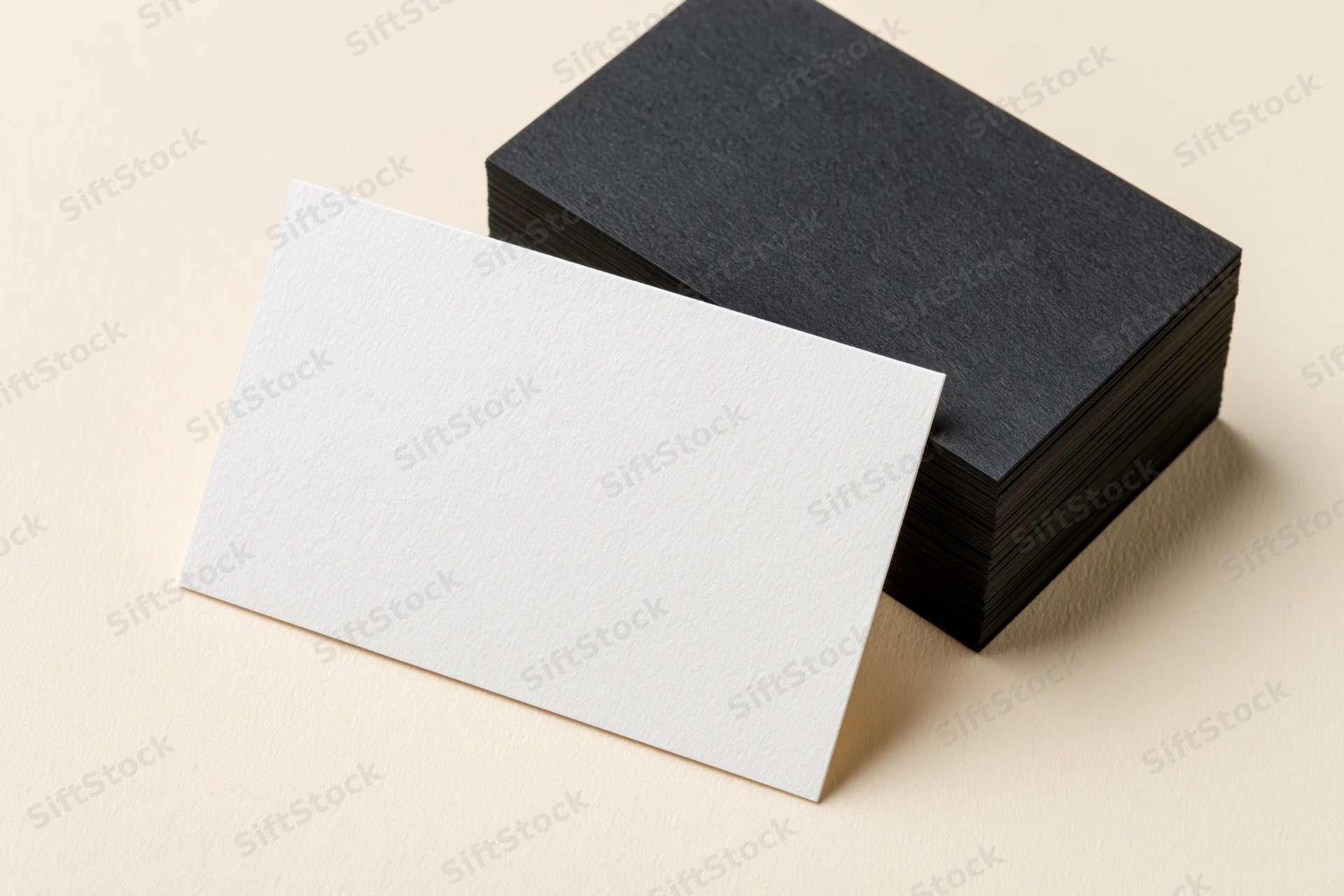 Two blank business cards arranged on a light cream textured surface, one white and one black, with one card leaning against a stack