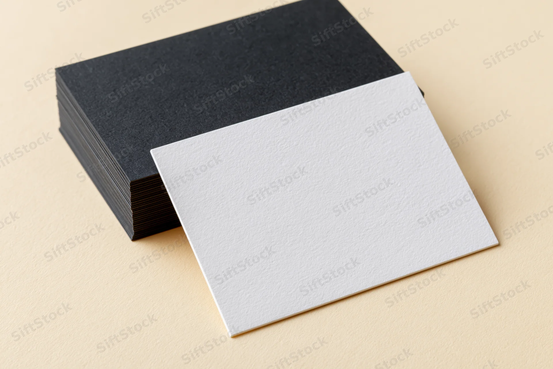 Two blank business cards arranged on a light cream textured surface with one white card in front of a stack of black cards