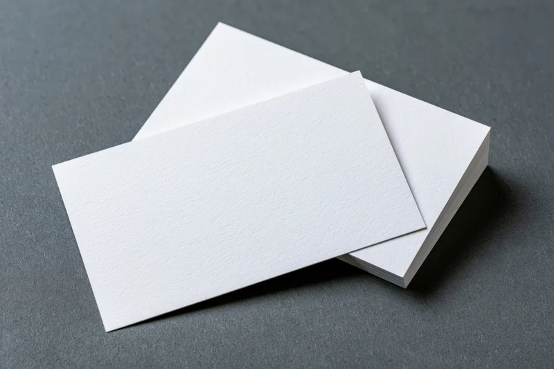 Blank white business cards arranged at slight angles on a dark textured surface