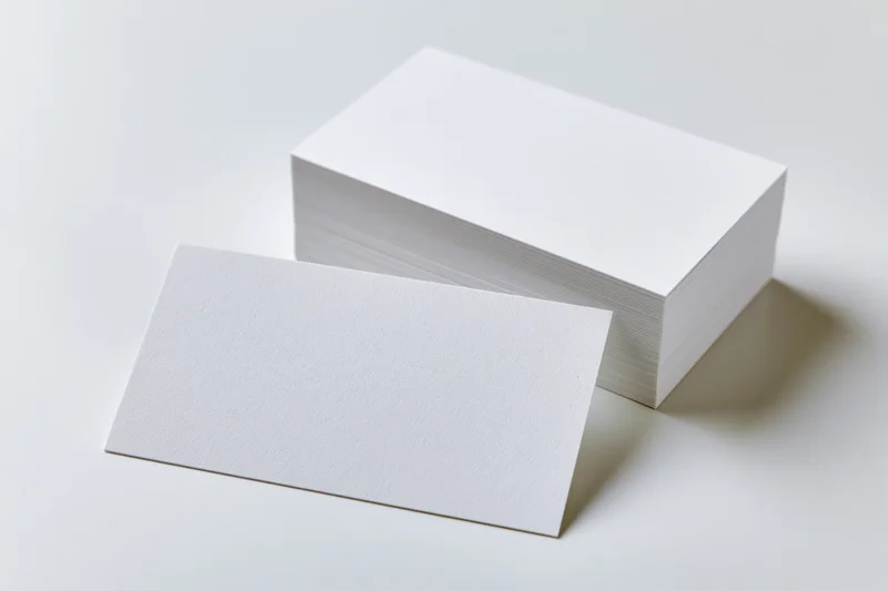 Blank white business cards arranged in a stack and one leaning on a clean white surface