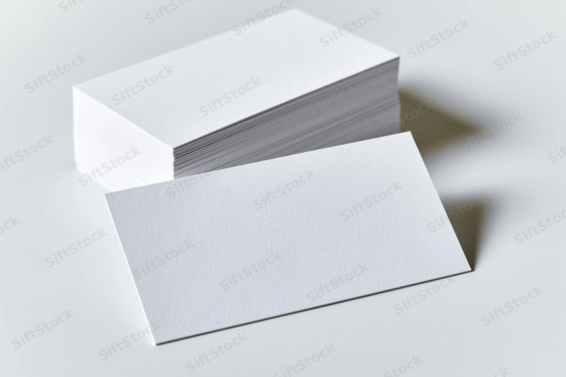 Blank white business cards arranged in a stack and one laid flat on a clean white surface