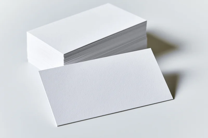 Blank white business cards arranged in a stack and one laid flat on a clean white surface