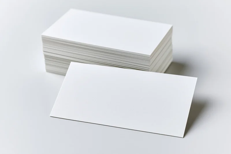 Blank white business cards arranged in a stack and one leaning forward on a clean white surface