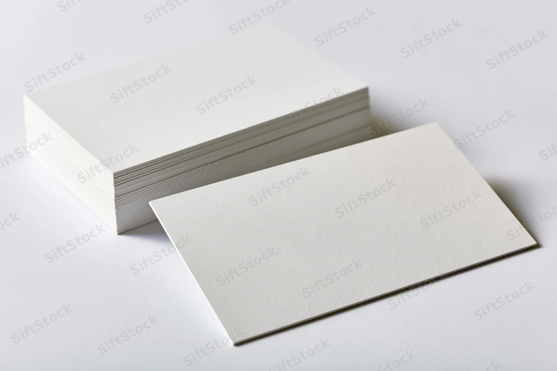 Blank white business cards arranged in a stack on a clean white surface with one card laid flat in front