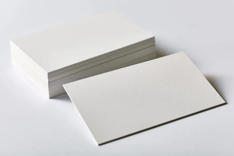 Blank white business cards arranged in a stack on a clean white surface with one card laid flat in front