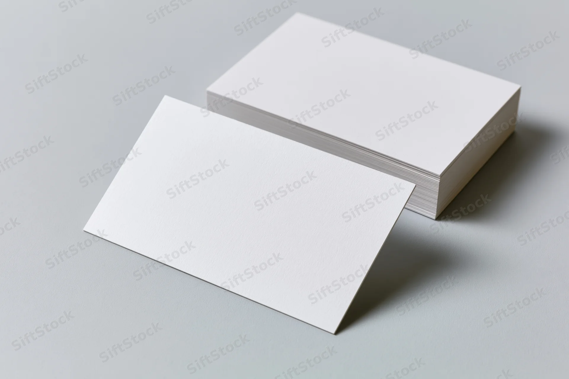 Two blank white business cards arranged on a light grey surface with one leaning forward and a stack behind it