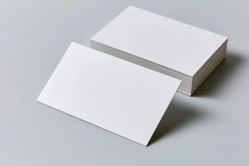 Two blank white business cards arranged on a light grey surface with one leaning forward and a stack behind it