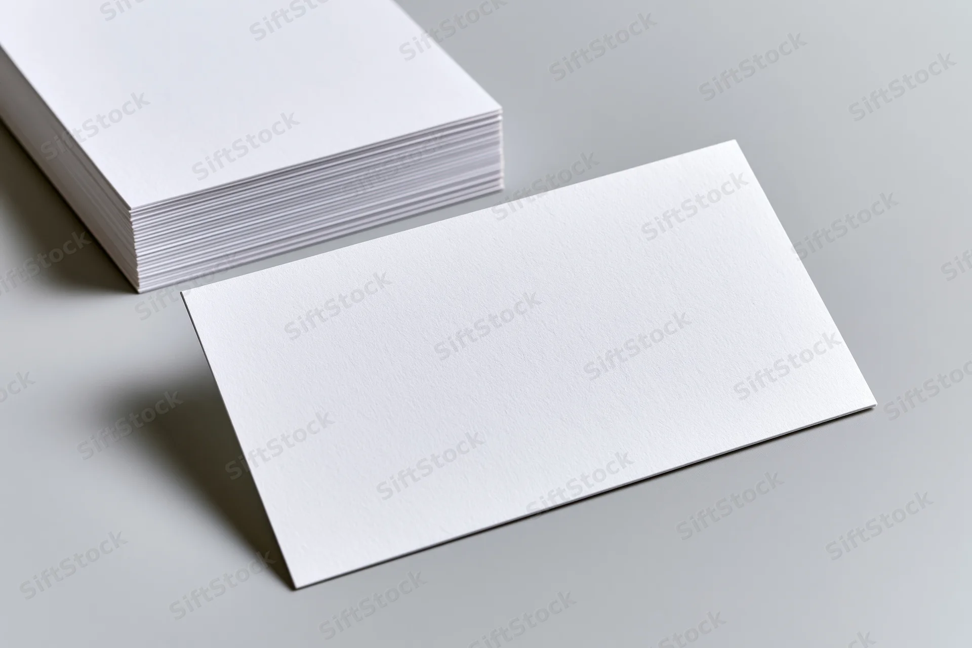 Blank white business cards arranged on a light grey surface with one card in front and a stack behind