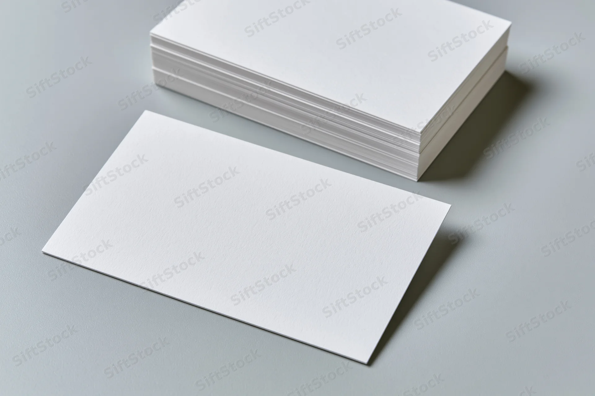 Blank white business cards arranged with one separate on light grey surface