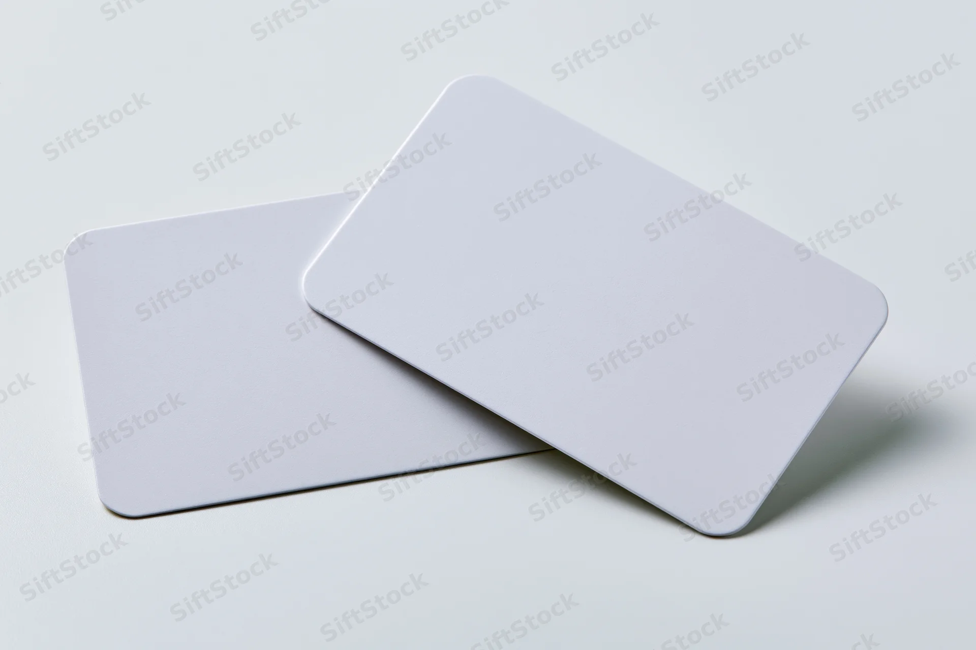 Two blank white business cards with rounded corners overlapping on a plain surface
